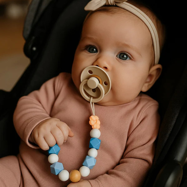 Attache sucette - Fleur Saumon - Bleu