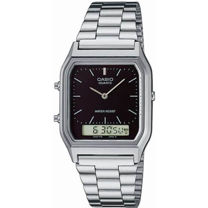 Casio – Classique duel time – Vintage collection en fond noir – Bracelet en acier inoxydable – AQ-230A-1DMQ