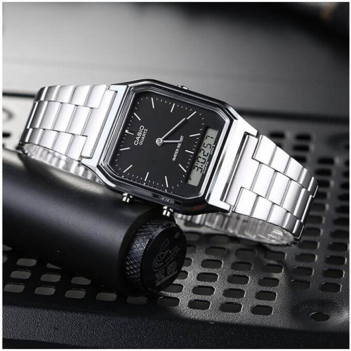 Casio – Classique duel time – Vintage collection en fond noir – Bracelet en acier inoxydable – AQ-230A-1DMQ Casio – Classique duel time – Vintage collection en fond noir – Bracelet en acier inoxydable – AQ-230A-1DMQ
