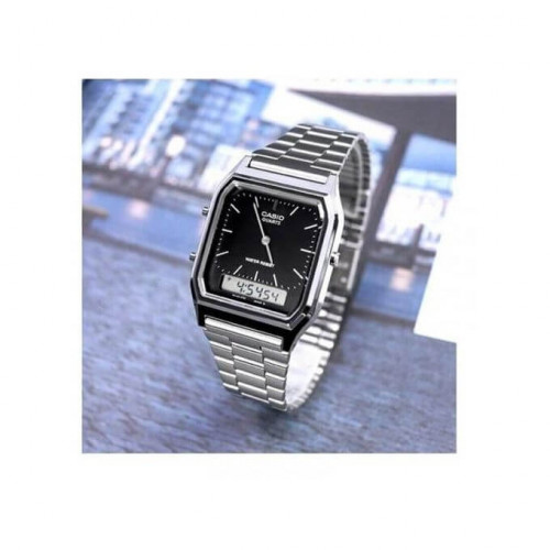 Casio – Classique duel time – Vintage collection en fond noir – Bracelet en acier inoxydable – AQ-230A-1DMQ Casio – Classique duel time – Vintage collection en fond noir – Bracelet en acier inoxydable – AQ-230A-1DMQ