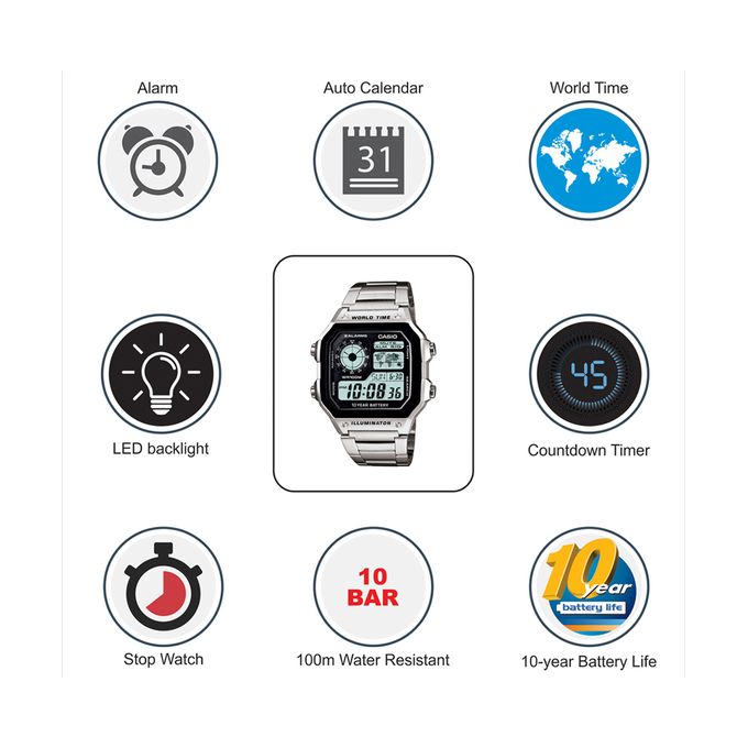 Casio – Montre homme argentée bracelet en acier inoxydable – AE-1200WHD-1AVDF