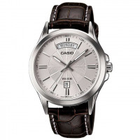 Casio – Homme cadran argenté – Dateur jours/mois – Bracelet cuir marron – MTP-1381L-7AVDF