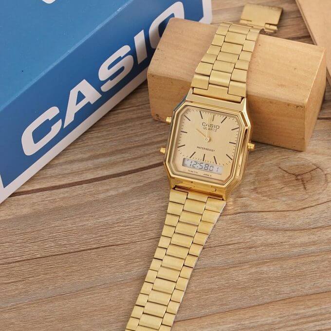 Casio – Double montre digitale/analogique – Bracelet inoxydable doré – AQ-230GA-9DMQ