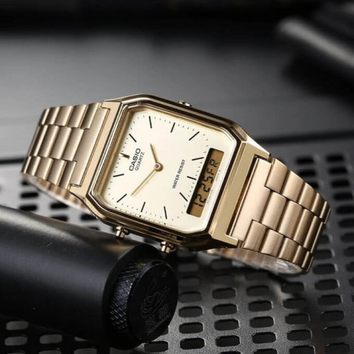 Casio – Double montre digitale/analogique – Bracelet inoxydable doré – AQ-230GA-9DMQ Casio – Double montre digitale/analogique – Bracelet inoxydable doré – AQ-230GA-9DMQ