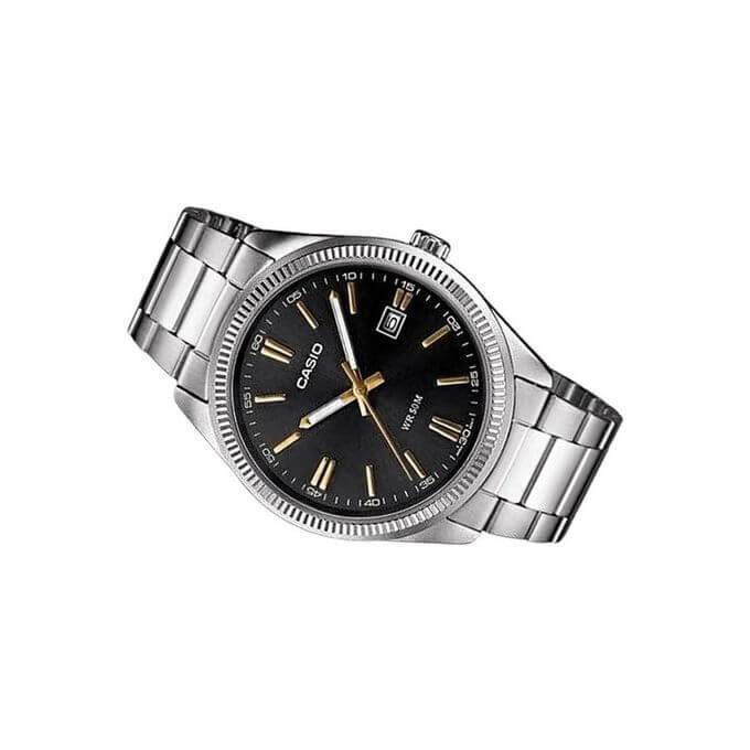 Casio – Index dorés – Cadran noir – Tout en acier inoxydable – MTP-1302D-1A2VDF