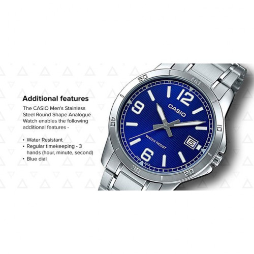 Casio – Pour homme – Cadran bleu – Bracelet en acier inoxydable – MTP-V004D-2BU Casio – Pour homme – Cadran bleu – Bracelet en acier inoxydable – MTP-V004D-2BU