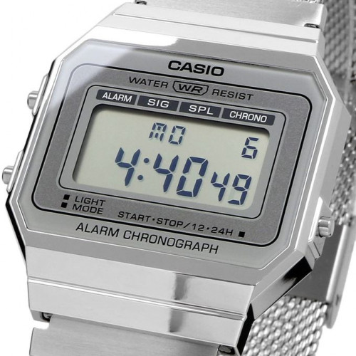 Casio – SUPER SLIM – Vintage – Digital argenté – Bracelet milanais – A700WM-7ADF Casio – SUPER SLIM – Vintage – Digital argenté – Bracelet milanais – A700WM-7ADF