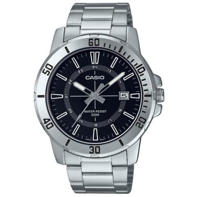Casio – Cadran noir en bracelet inoxydable et avec dateur pour homme – MTP-VD01D-1CV