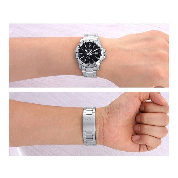 Casio – Cadran noir en bracelet inoxydable et avec dateur pour homme – MTP-VD01D-1CV