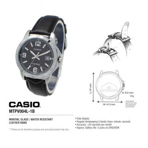 Casio – Noir – Cadran noir avec dateur – Bracelet en cuir noir – MTP-V004L-1B Casio – Noir – Cadran noir avec dateur – Bracelet en cuir noir – MTP-V004L-1B