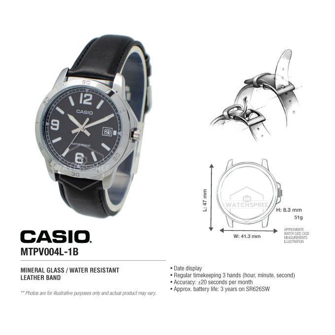 Casio – Noir – Cadran noir avec dateur – Bracelet en cuir noir – MTP-V004L-1B
