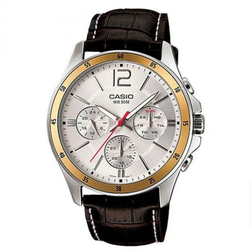 Casio – Montre homme doré argenté – Bracelet en cuir marron – MTP-1374L-7AVDF Casio – Montre homme doré argenté – Bracelet en cuir marron – MTP-1374L-7AVDF