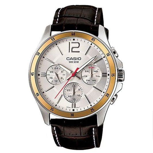 Casio – Montre homme doré argenté – Bracelet en cuir marron – MTP-1374L-7AVDF