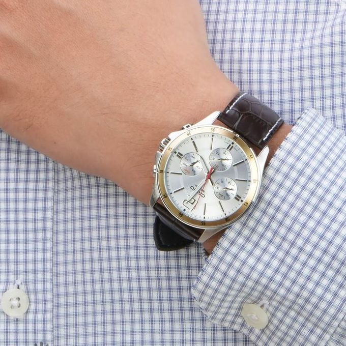 Casio – Montre homme doré argenté – Bracelet en cuir marron – MTP-1374L-7AVDF