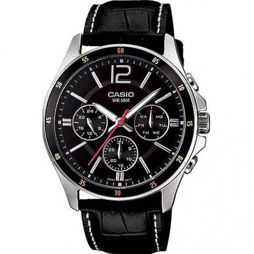 Casio – Bracelet cuir noir couture blanche – Cadran noir – MTP-1374L-1A Casio – Bracelet cuir noir couture blanche – Cadran noir – MTP-1374L-1A