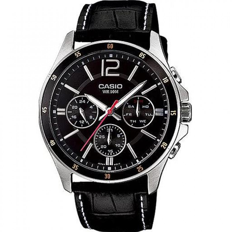 Casio – Bracelet cuir noir couture blanche – Cadran noir – MTP-1374L-1A