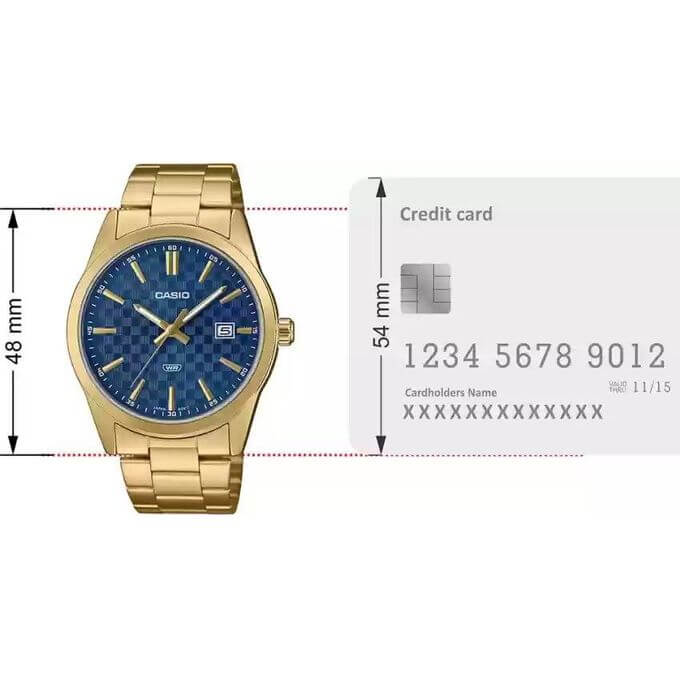 Casio – Montre dorée, cadran bleu et index dorés – Tout en acier inoxydable – Afficheur de date – MTP-VD03G-2A