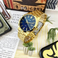 Casio – Montre dorée, cadran bleu et index dorés – Tout en acier inoxydable – Afficheur de date – MTP-VD03G-2A