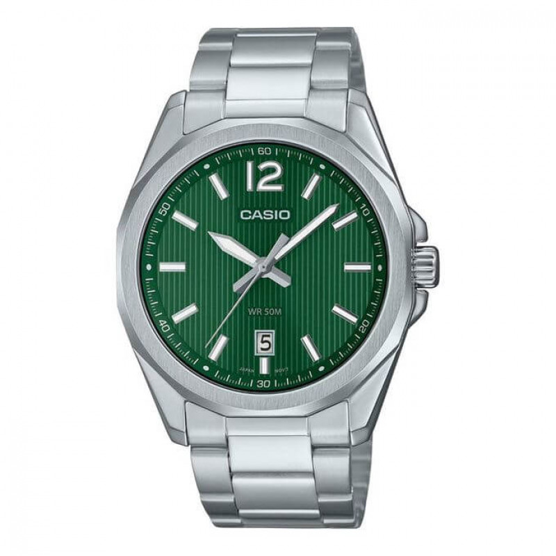 Casio – Dotée d’un cadran vert avec un motif rayé & dateur sur 6h – Acier inoxydable – MTP-E725D-3AV