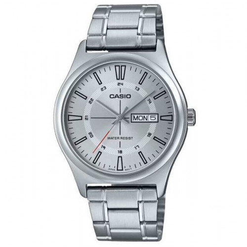 Casio – Affichage date et jour – Cadran blanc métallique – Index en traits – MTP-V006D-7C Casio – Affichage date et jour – Cadran blanc métallique – Index en traits – MTP-V006D-7C