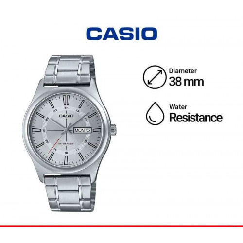 Casio – Affichage date et jour – Cadran blanc métallique – Index en traits – MTP-V006D-7C Casio – Affichage date et jour – Cadran blanc métallique – Index en traits – MTP-V006D-7C