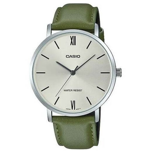 Casio – Bracelet en cuir vert – Cadran argenté – Boîtier extra plat – MTP-VT01L-3B