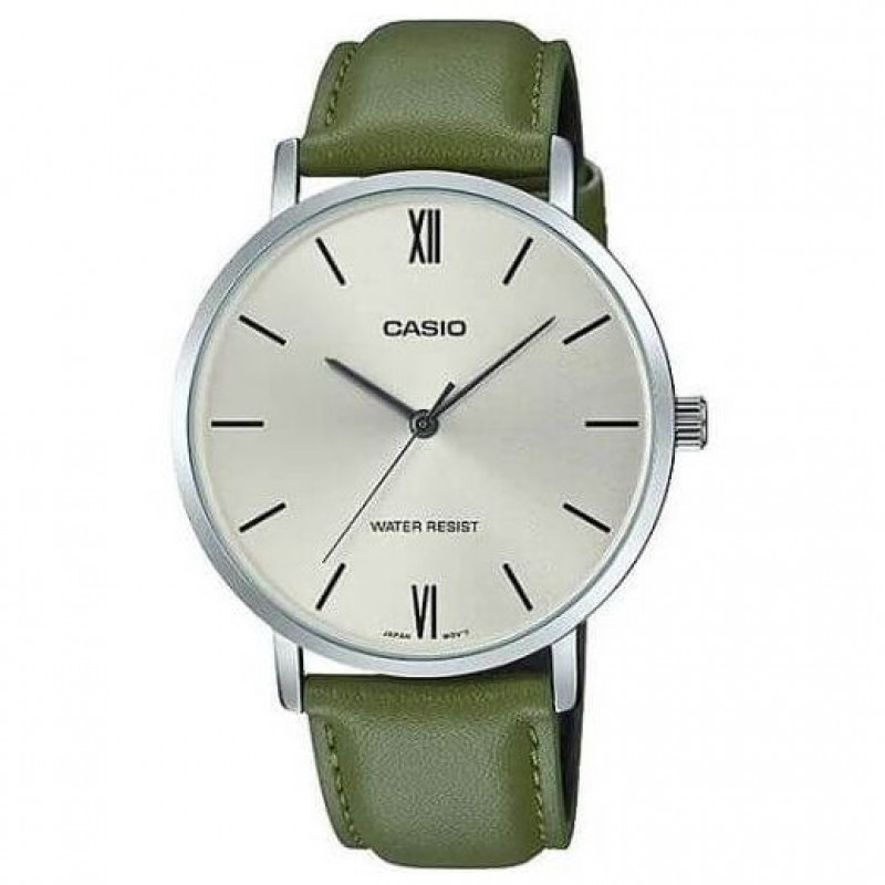 Casio – Bracelet en cuir vert – Cadran argenté – Boîtier extra plat – MTP-VT01L-3B