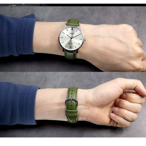 Casio – Bracelet en cuir vert – Cadran argenté – Boîtier extra plat – MTP-VT01L-3B Casio – Bracelet en cuir vert – Cadran argenté – Boîtier extra plat – MTP-VT01L-3B