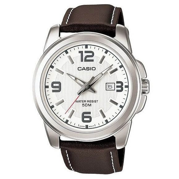 Casio – Montre homme – Bracelet cuir marron – Cadran blanc – MTP-1314L-7A
