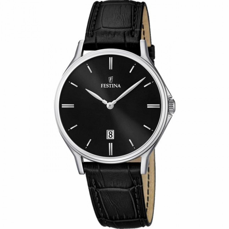 Festina – Classique pour homme – Cadran noir avec dateur – Bracelet cuir noir – F16745/5