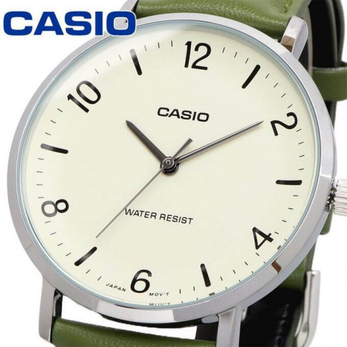 Casio – Montre classique en bracelet cuir vert pour hommes – Index chiffres facile – MTP-VT03L-7B Casio – Montre classique en bracelet cuir vert pour hommes – Index chiffres facile – MTP-VT03L-7B