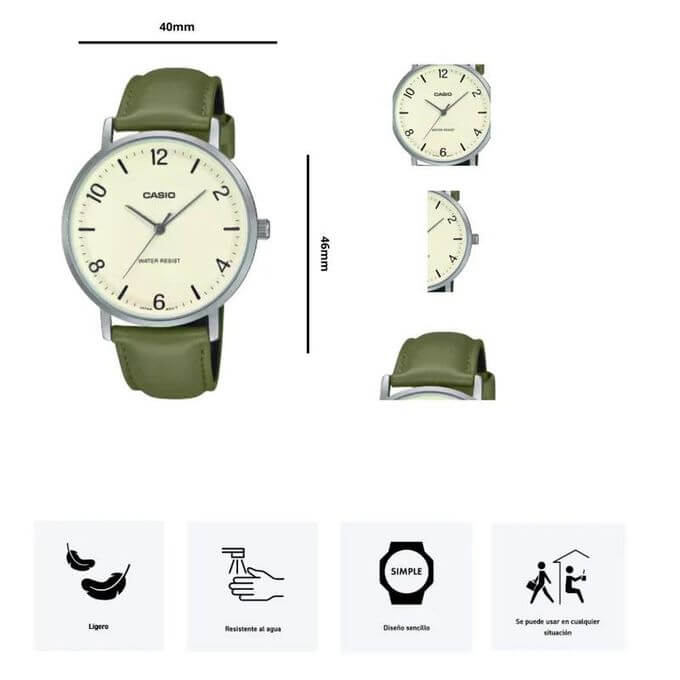 Casio – Montre classique en bracelet cuir vert pour hommes – Index chiffres facile – MTP-VT03L-7B