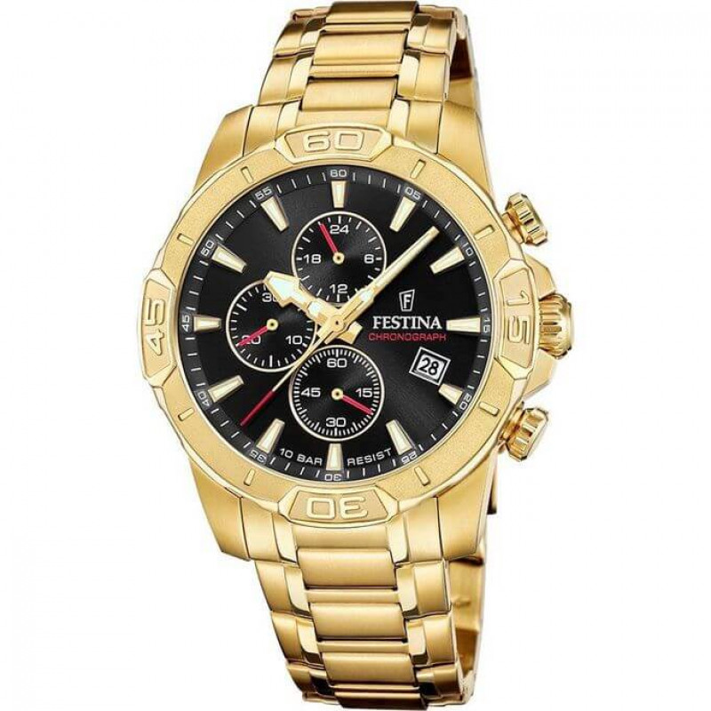 Festina – Montre chronographe dorée et fond noir – Tout en acier inoxydable – Diamètre boîtier : 45 mm & étanche 100 m – F20705/4