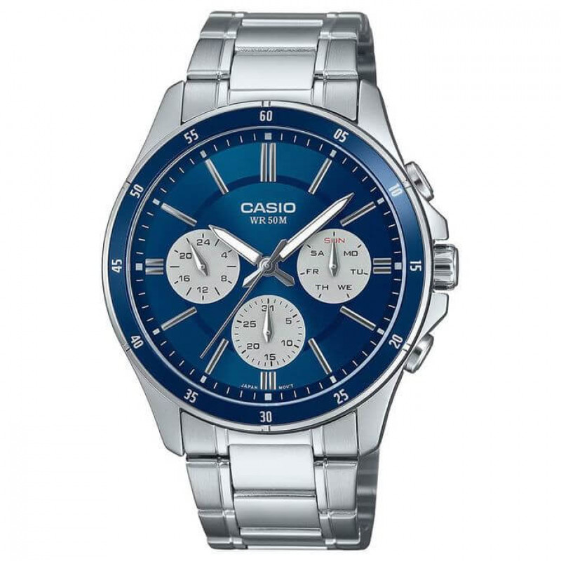 Casio – Montre fond bleu pour hommes – Tout en acier inoxydable & étanche 50 m – MTP-1374D-2A3V