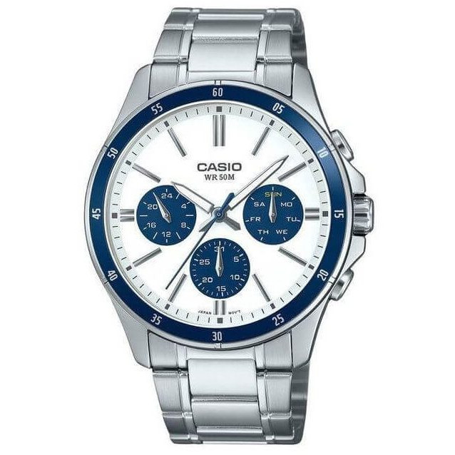 Casio – Design cool et sportif pour hommes – Cadran blanc & étanche 50 m – Tout en acier inoxydable – MTP-1374D-7A2V