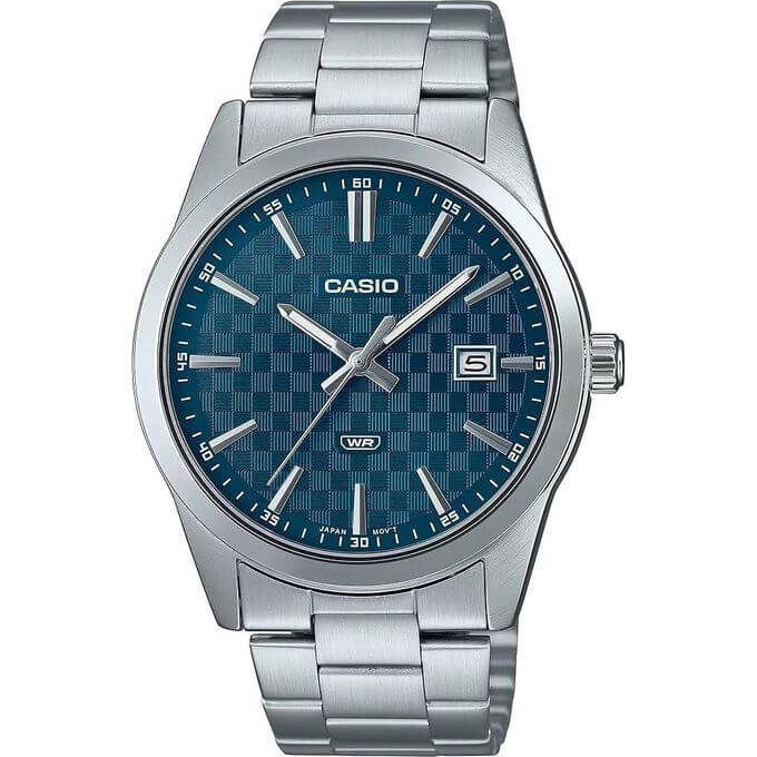 Casio – Montre fond bleu avec dateur pour hommes – Bracelet en acier inoxydable – MTP-VD03D-2A2