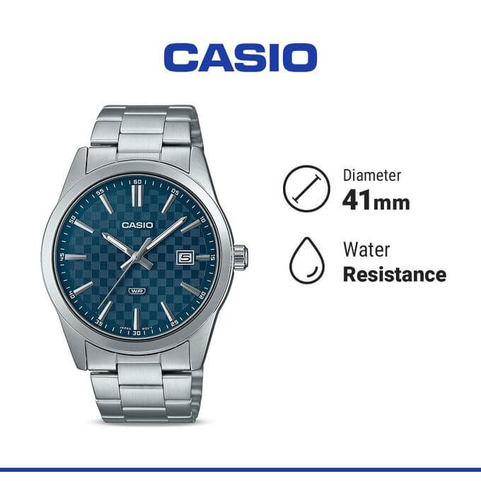 Casio – Montre fond bleu avec dateur pour hommes – Bracelet en acier inoxydable – MTP-VD03D-2A2