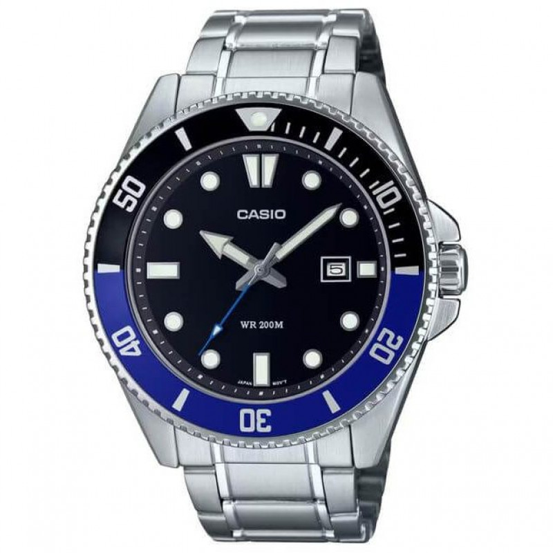 Casio – Sous-marine 200 m pour hommes – Cadran noir, lunette rotative noir/bleu – Tout en acier inoxydable – MDV-107D-1A2V