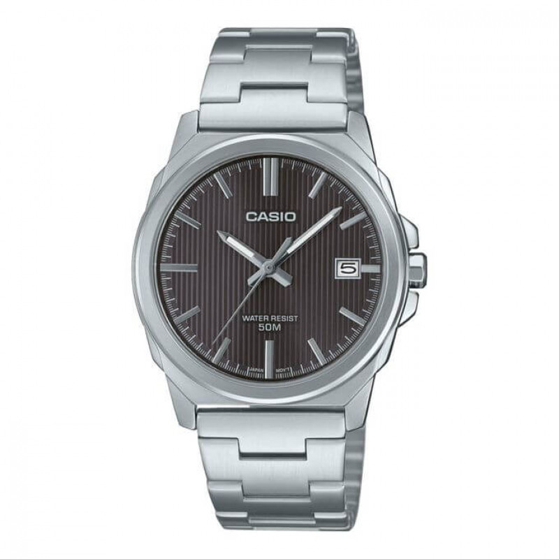 Casio – Boîtier medium 38 mm – Cadran noir avec motifs rayés – Dateur à 3h – MTP-E720D-8AV