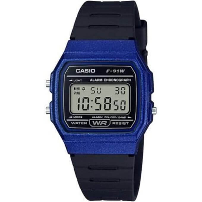 Casio – Digital bleu – Bracelet en résine noir – Étanche – Alarme & Chronographe – F-91WM-2ADF