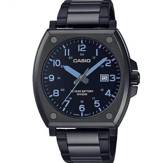 Casio – Tout en acier inoxydable noir – avec dateur & étanche – Index chiffres bleu – MTP-E715D-1AV
