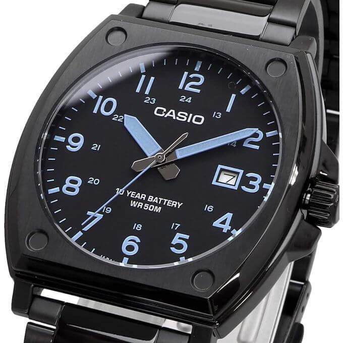 Casio – Tout en acier inoxydable noir – avec dateur & étanche – Index chiffres bleu – MTP-E715D-1AV