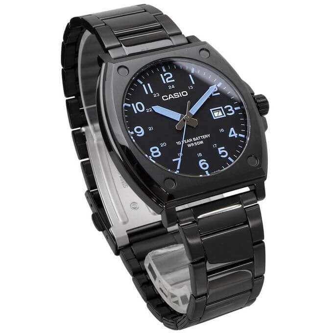 Casio – Tout en acier inoxydable noir – avec dateur & étanche – Index chiffres bleu – MTP-E715D-1AV