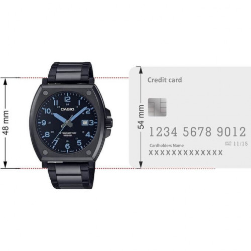 Casio – Tout en acier inoxydable noir – avec dateur & étanche – Index chiffres bleu – MTP-E715D-1AV Casio – Tout en acier inoxydable noir – avec dateur & étanche – Index chiffres bleu – MTP-E715D-1AV