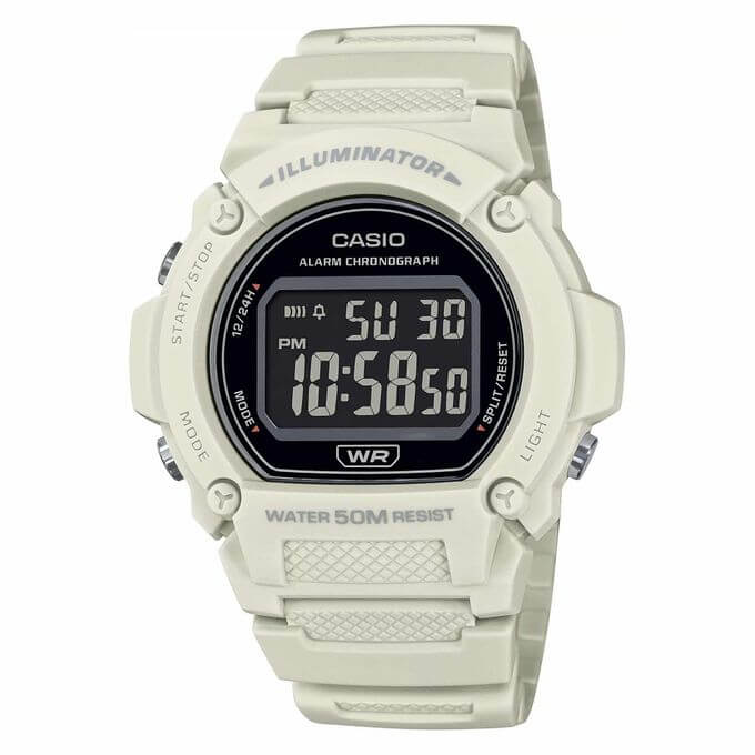 Casio – Blanche en caoutchouc – Cadran noir digital – Étanche 50 m – W-219HC-8BV