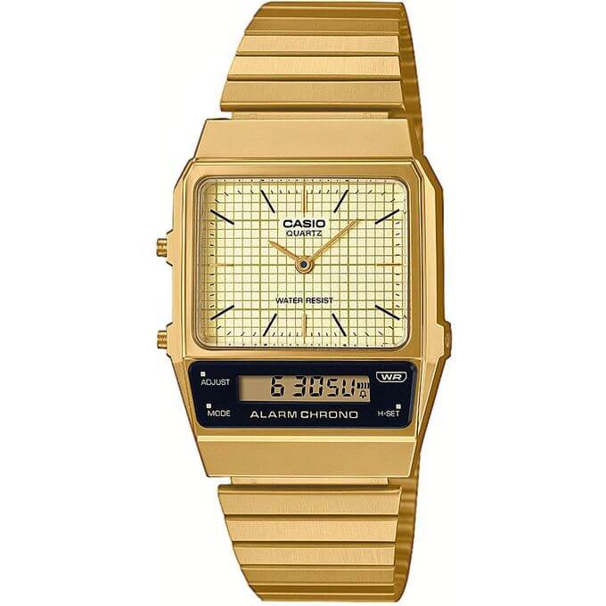 Casio – VINTAGE – Bracelet inoxydable doré – Double montre « Analogique/Numérique » – AQ-800EG-9A