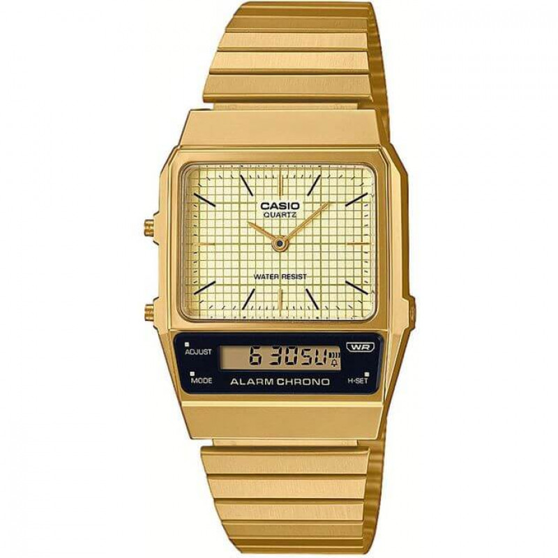 Casio – VINTAGE – Bracelet inoxydable doré – Double montre « Analogique/Numérique » – AQ-800EG-9A
