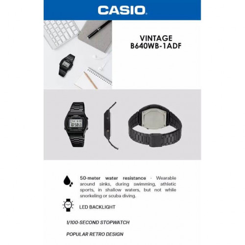 Casio – Montre unisexe digitale – Bracelet en acier inoxydable noir – B640WB-1ADF Casio – Montre unisexe digitale – Bracelet en acier inoxydable noir – B640WB-1ADF