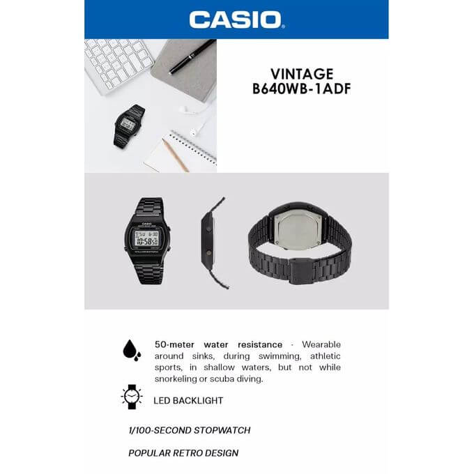 Casio – Montre unisexe digitale – Bracelet en acier inoxydable noir – B640WB-1ADF