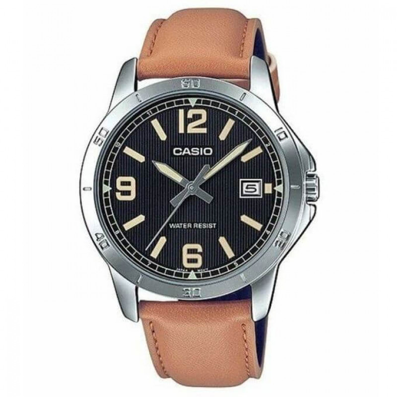 Casio – Cadran noir & Bracelet cuir couleur camel – Avec dateur – MTP-V004L-1B2U